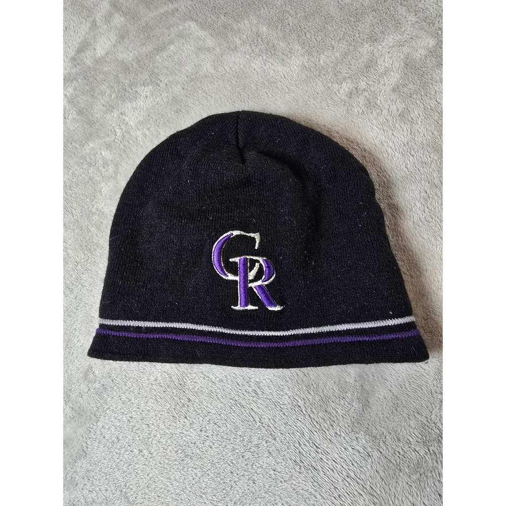 Vintage Colorado Rockies Beanie Black Purple Striped Knit Hat Cap MLB New Era